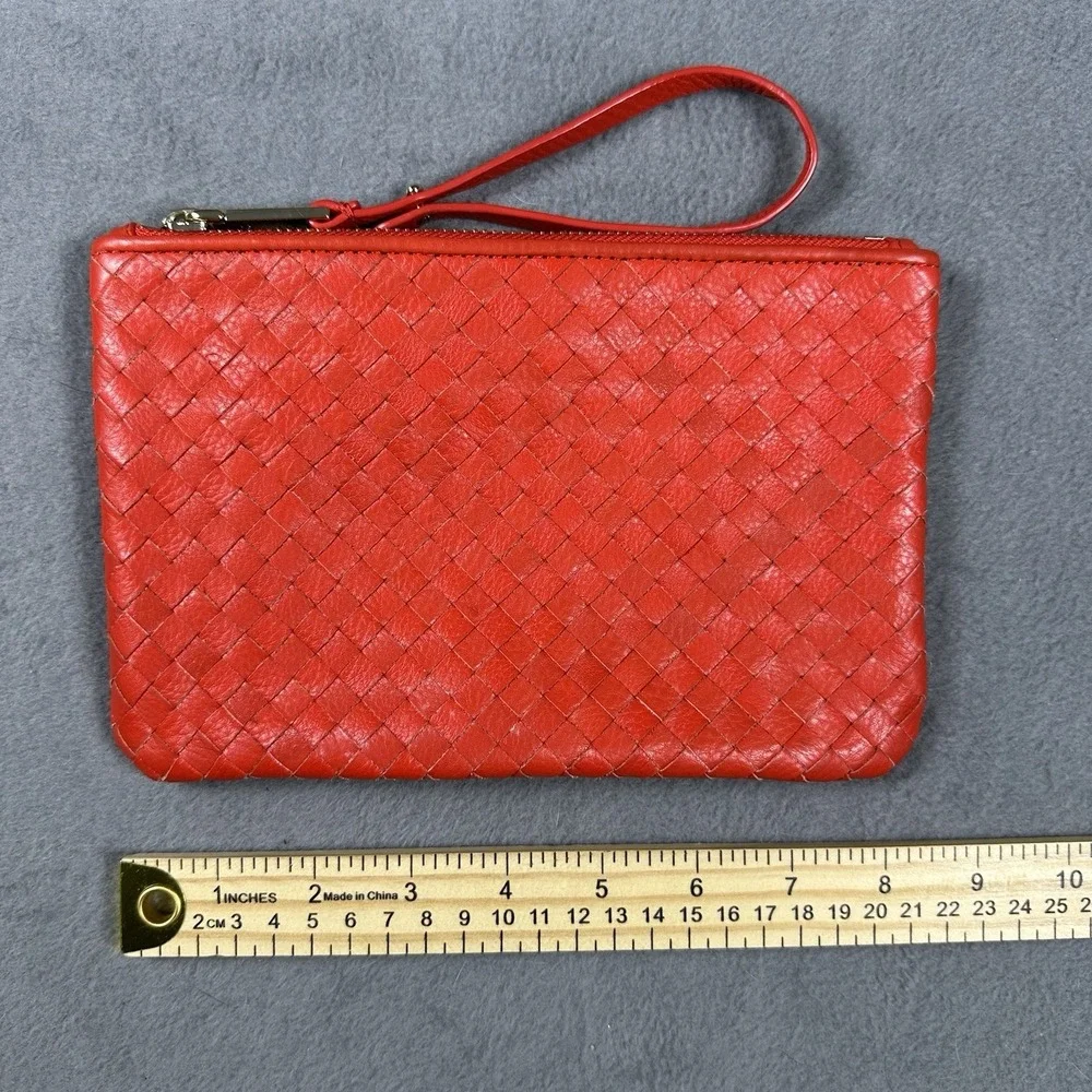 Cole Haan Red Woven Leather Wristlet Clutch Zip Pouch Handbag